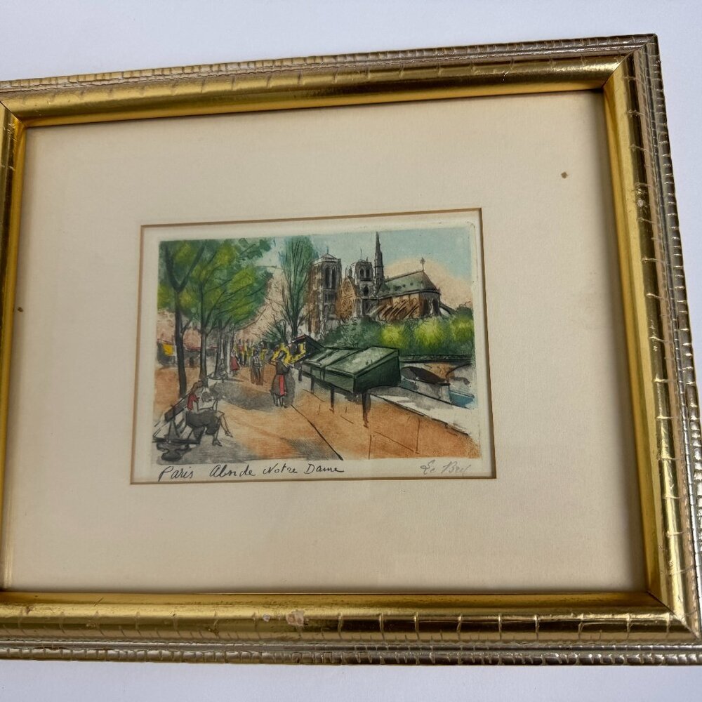 Vintage Watercolor Picture Paris Cathedral Notre Dame Gold Frame Artist Signed